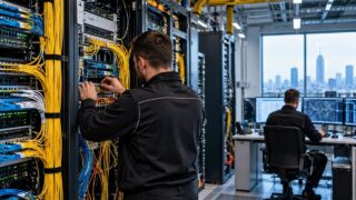 Technicy przy infrastrukturze serwerowej