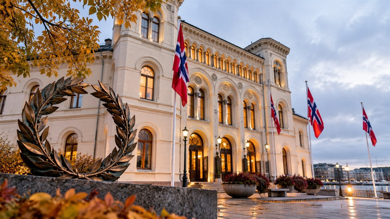 Fotorealistyczna ilustracja reprezentacyjnego budynku z norweskimi flagami i laurowym wieńcem