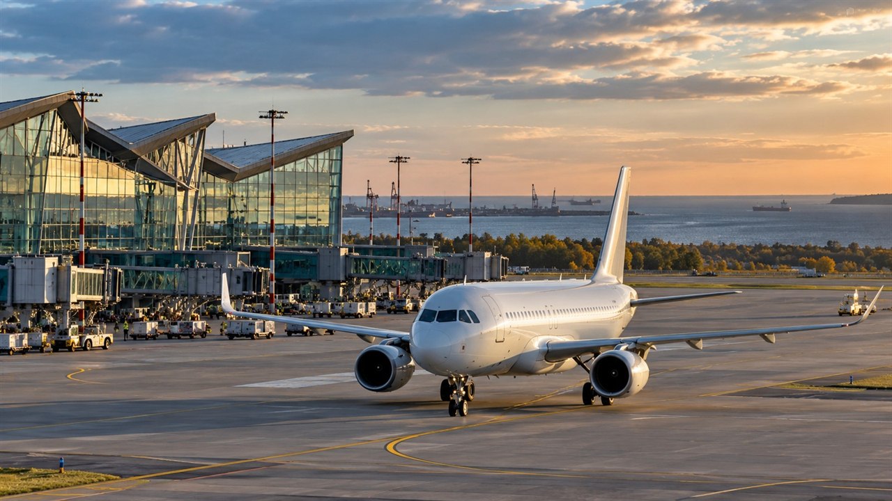 Terminal portu lotniczego, samolot pasażerski i obsługa naziemna