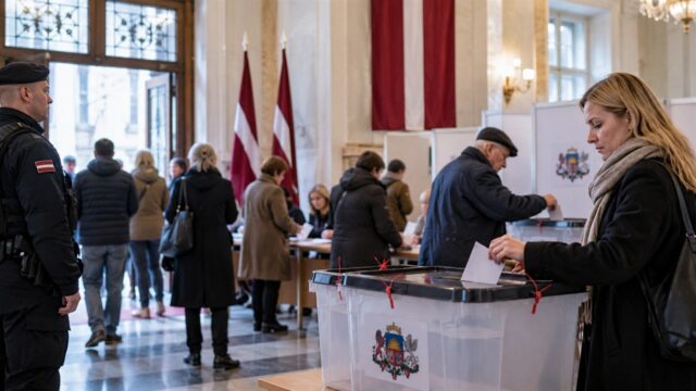 Wyborcy oddają głosy w lokalu wyborczym na Łotwie
