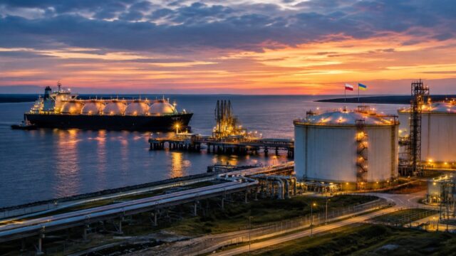 Terminal LNG ze statkiem i instalacjami regazyfikacyjnymi