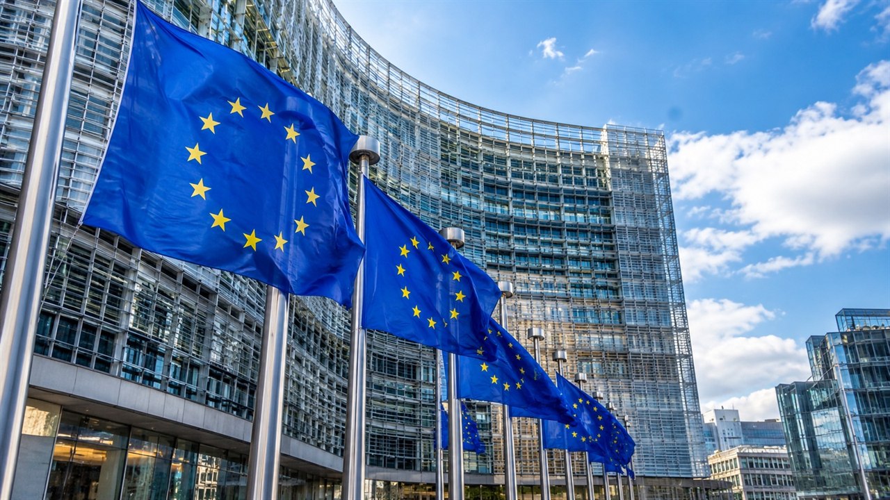 Flagi Unii Europejskiej przed nowoczesnym gmachem instytucjonalnym