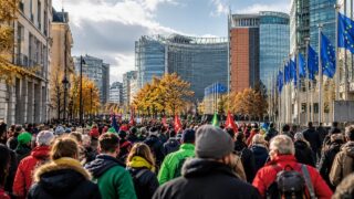 Tłum protestujących na ulicy w europejskiej dzielnicy instytucjonalnej