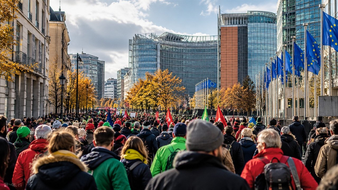 Tłum protestujących na ulicy w europejskiej dzielnicy instytucjonalnej
