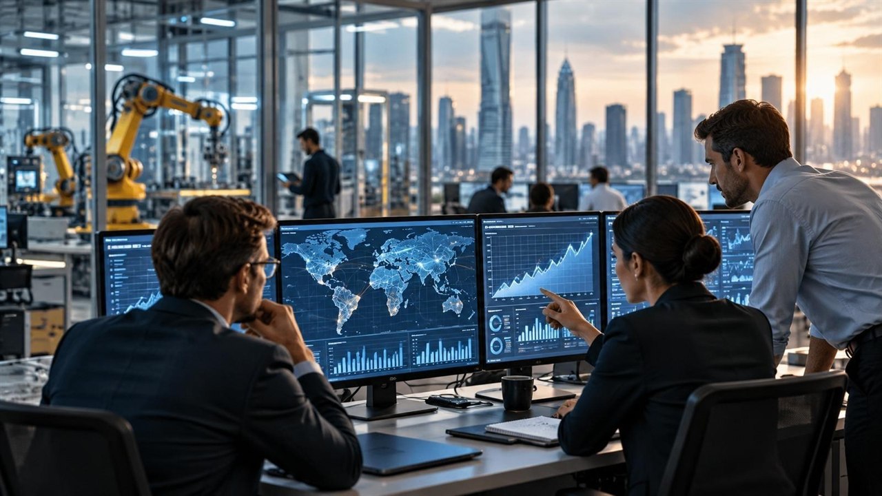 Analitycy przy ekranach danych gospodarczych i finansowych