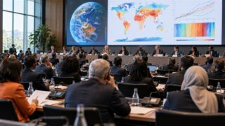 Międzynarodowa sala konferencyjna z mapami klimatu na ekranie, neutralne bez oznaczeń instytucji