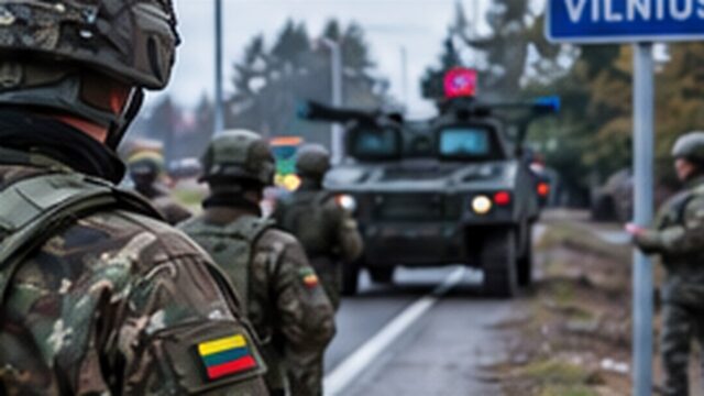 Ilustracja patroli służb w okolicach miasta na Litwie