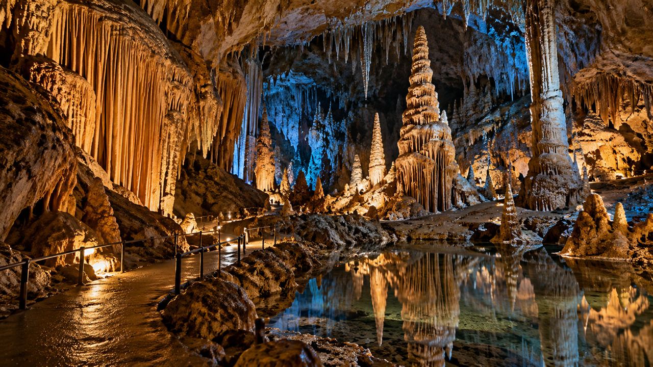 Wnętrze oświetlonej jaskini z licznymi naciekami, stalaktytami i stalagmitami; ilustracja tematu Jaskini Niedźwiedziej