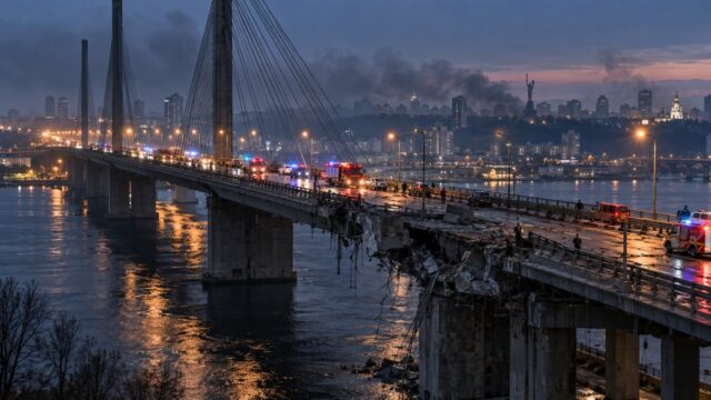 Uszkodzony most nad Dnieprem z pojazdami ratunkowymi i panoramą Kijowa