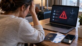 Podróżna przy laptopie z ostrzeżeniem o wycieku danych, obok paszport i telefon