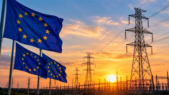 Flagi Unii Europejskiej na tle infrastruktury elektroenergetycznej