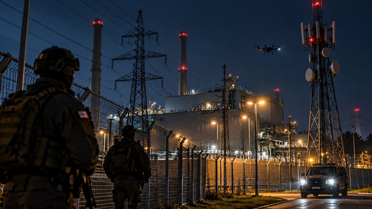 Chroniony obiekt przemysłowy z dronem, ogrodzeniem i służbami bezpieczeństwa nocą