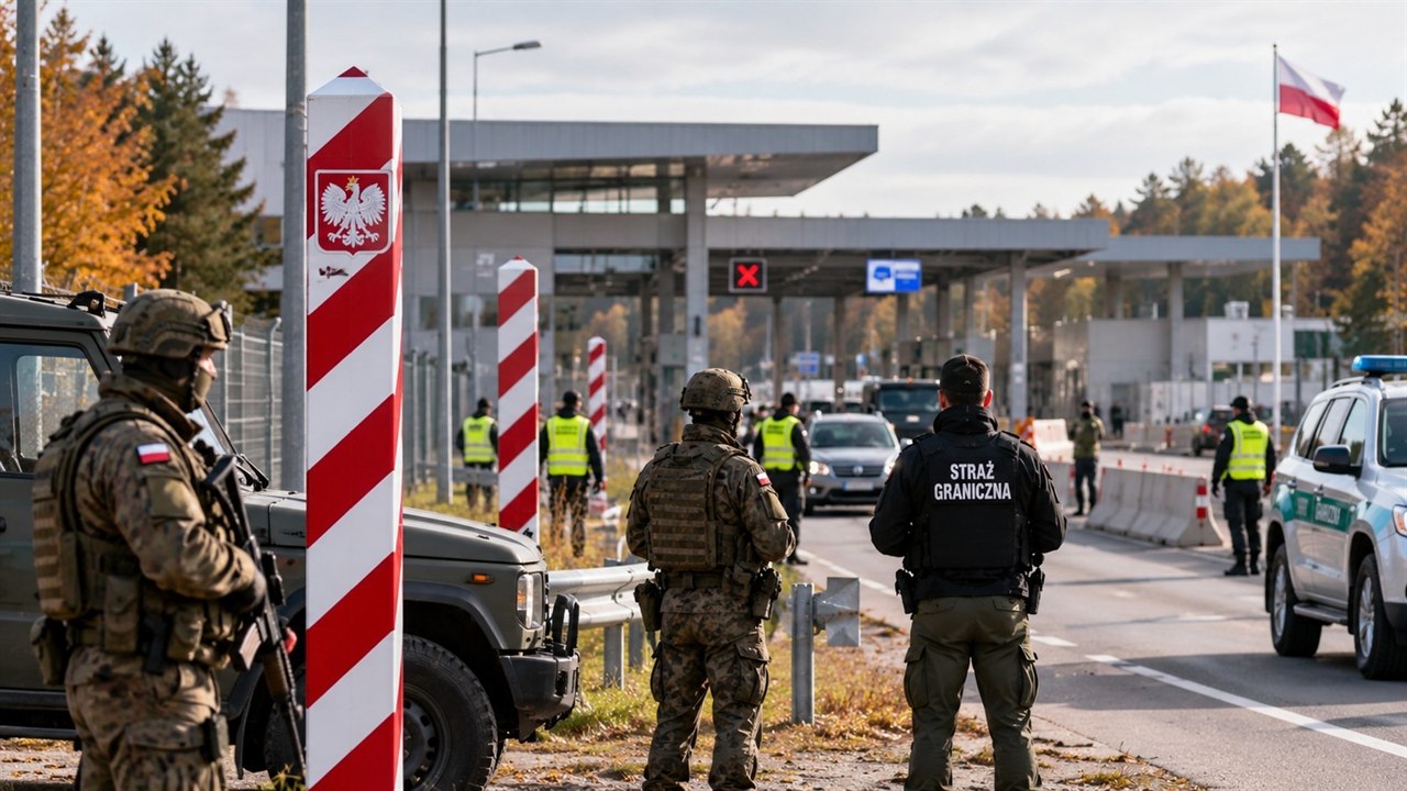 Polskie służby na przejściu granicznym przy polskich znakach i flagach