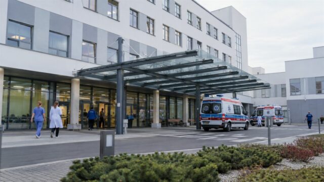 Nowoczesny szpital z wejściem głównym, personelem medycznym i ambulansami