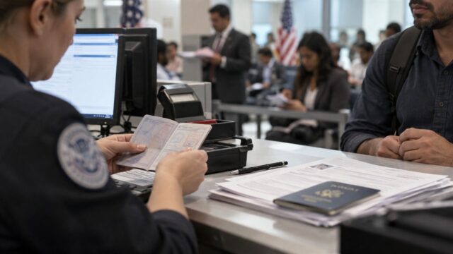 Urzędniczka sprawdza paszport i dokumenty przy stanowisku obsługi imigracyjnej w Stanach Zjednoczonych