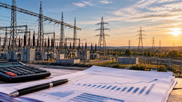 Dokumenty finansowe i kalkulator na tle polskiej infrastruktury elektroenergetycznej
