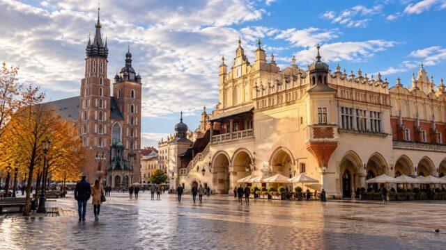 Fotorealistyczna ilustracja rynku krakowskiego z Sukiennicami w jesienny dzień