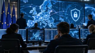Europejskie centrum cyberbezpieczeństwa z mapą Europy i zespołem analityków