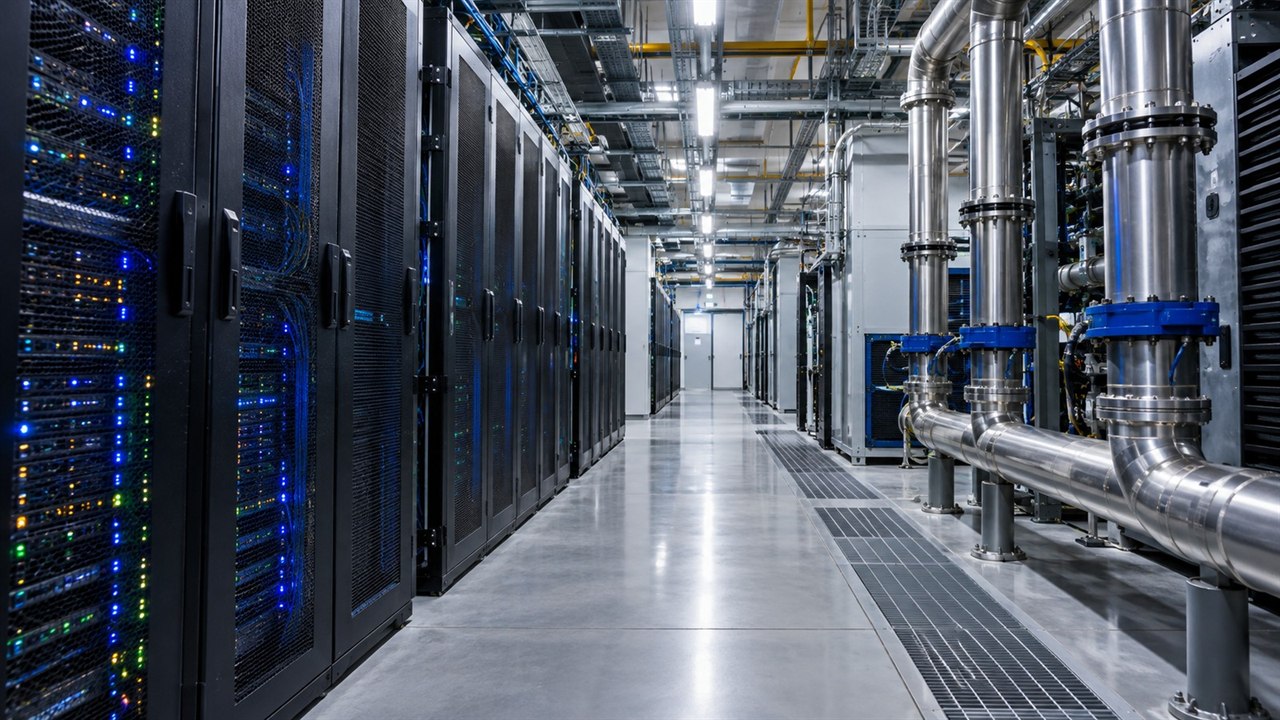 Rzędy precyzyjnych urządzeń i instalacji technologicznych w nowoczesnym zakładzie