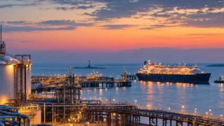 Tankowiec LNG zacumowany przy terminalu energetycznym o zmierzchu