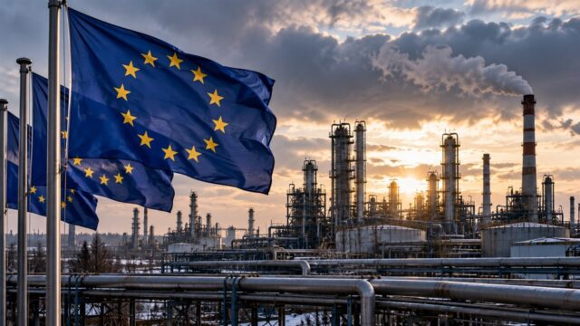 Flagi Unii Europejskiej przed instalacjami przemysłowymi, symboliczne ujęcie polityki sankcji wobec Rosji