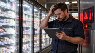 Wnętrze supermarketu i pracownik przy regałach chłodniczych