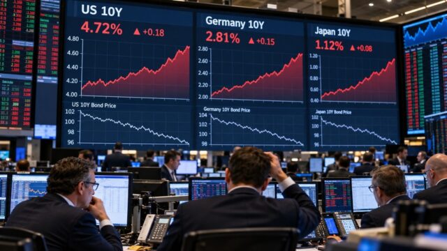 Ekrany rynku finansowego z rentownościami obligacji USA, Niemiec i Japonii