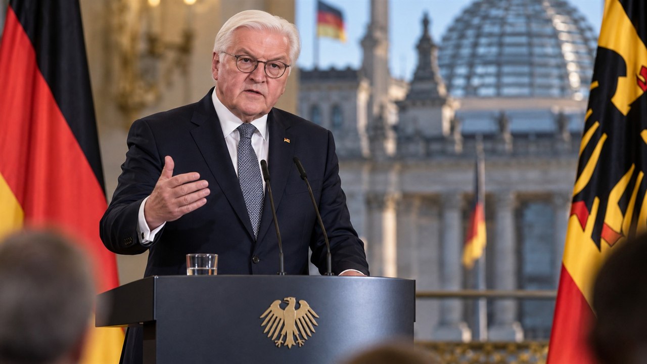 Frank-Walter Steinmeier przy mównicy na tle niemieckich flag