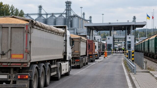Ciężarówki z ładunkiem zboża czekają przy punkcie kontrolnym obok terminala zbożowego