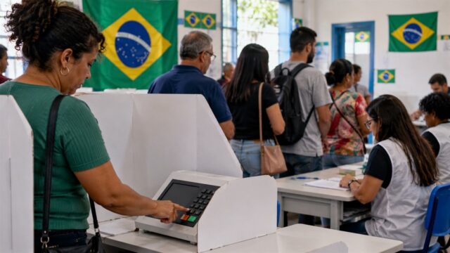 Wyborcy głosują przy elektronicznych urnach w lokalu z brazylijskimi flagami