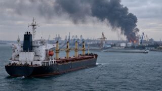 Duży statek towarowy na morzu w pobliżu przemysłowego portu i zadymionego wybrzeża