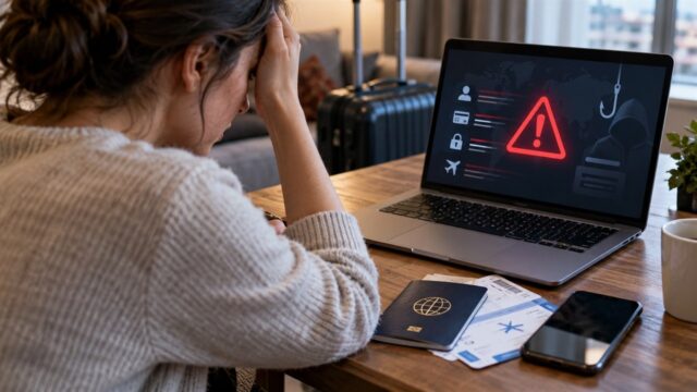Kobieta przed laptopem z symbolem cyberzagrożenia i dokumentami
