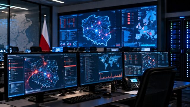 Centrum monitoringu cyberbezpieczeństwa z mapą Polski i ekranami analitycznymi