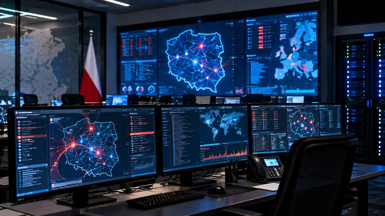 Centrum monitoringu cyberbezpieczeństwa z mapą Polski i ekranami analitycznymi