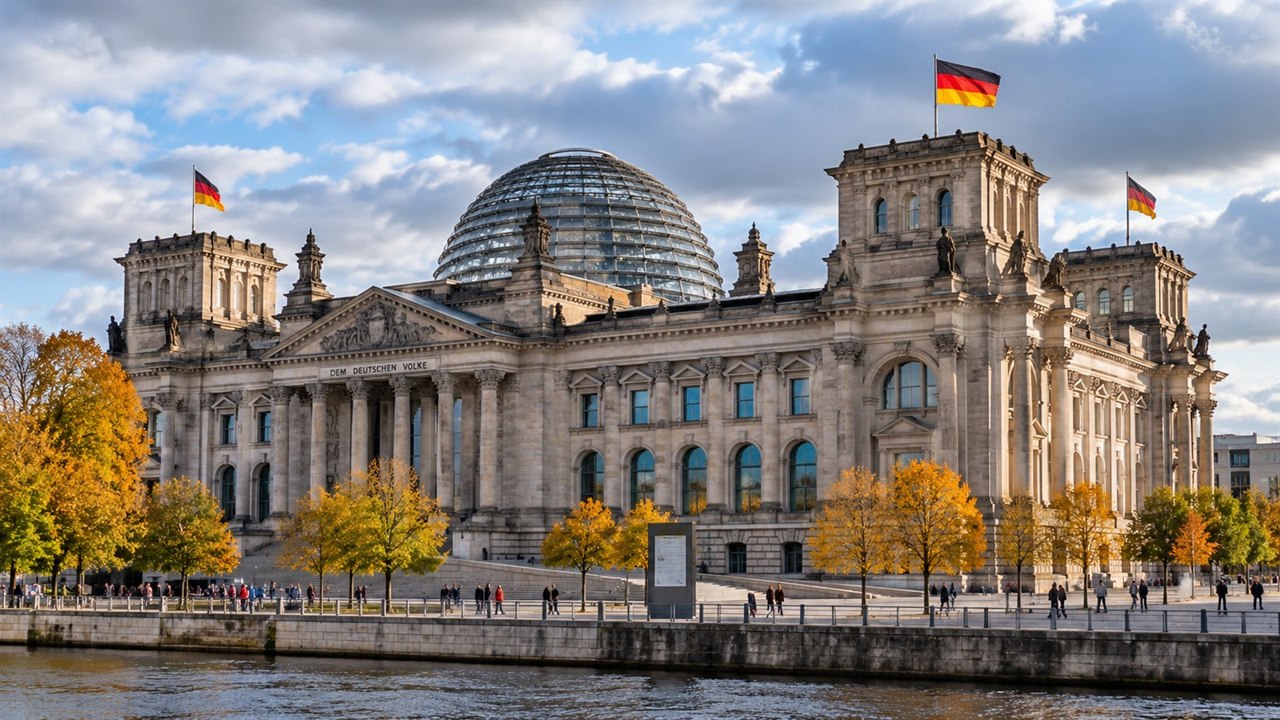 Reichstag w Berlinie ze szklaną kopułą i niemieckimi flagami