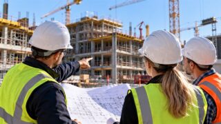 Inżynierowie w kaskach analizują plany na placu budowy nowoczesnego budynku