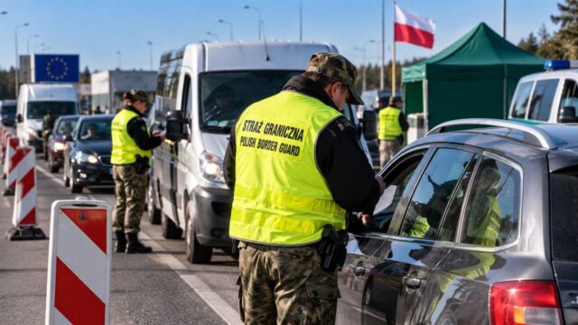 Funkcjonariusze Straży Granicznej kontrolują samochody na polskiej granicy