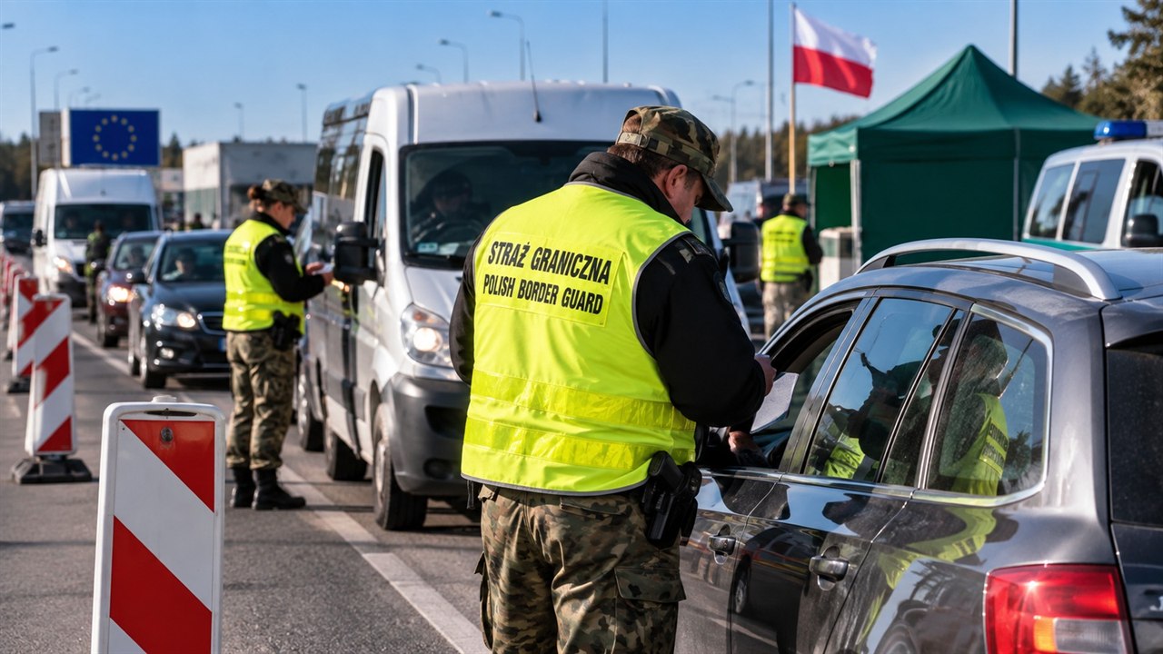 Funkcjonariusze Straży Granicznej kontrolują samochody na polskiej granicy