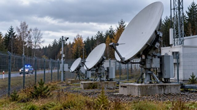 Antena i stacja łączności satelitarnej na terenie infrastruktury telekomunikacyjnej