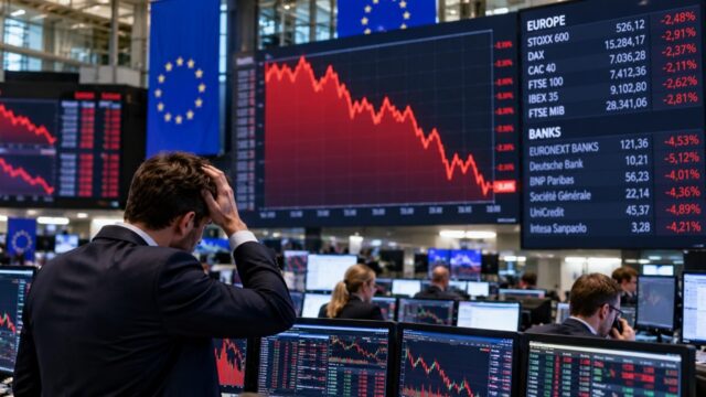Inwestorzy przy ekranach z notowaniami europejskich indeksów