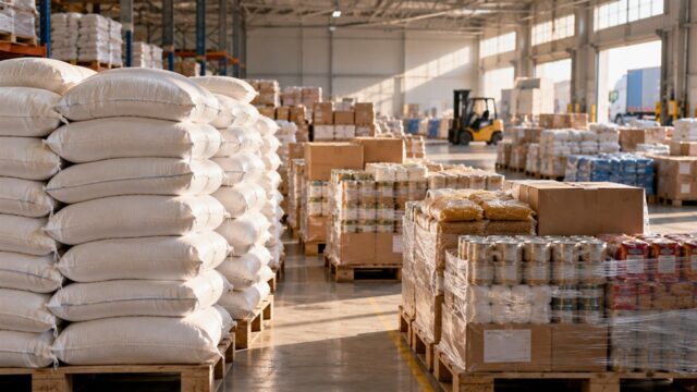 Magazyn pomocy żywnościowej z workami, paletami i kartonami produktów