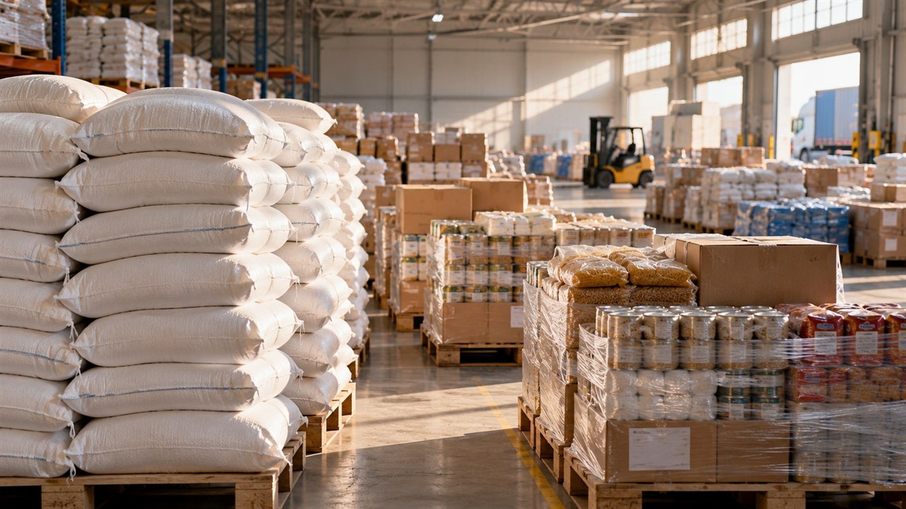 Magazyn pomocy żywnościowej z workami, paletami i kartonami produktów