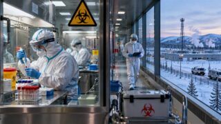 Personel w kombinezonach ochronnych w laboratorium i strefie kwarantanny w zimowym regionie