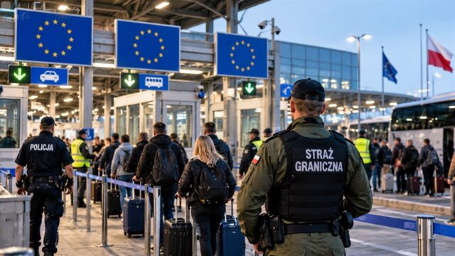 Pojazdy oczekują w kolejce do kontroli na europejskim przejściu granicznym