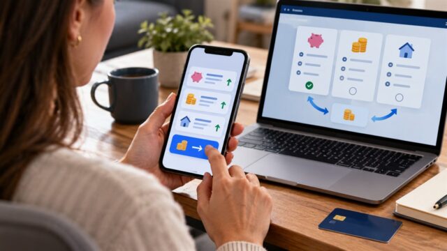 Użytkownik korzystający z aplikacji finansowej na smartfonie obok laptopa