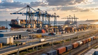 Port handlowy z terminalami i statkami, ilustracja znaczenia żeglugi