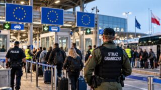 Podróżni i funkcjonariusze na nowoczesnym europejskim przejściu granicznym