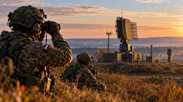 Osoby w mundurach i radar ilustrują bezpieczeństwo infrastruktury; nie są zdjęciem z Woli Krobowskiej