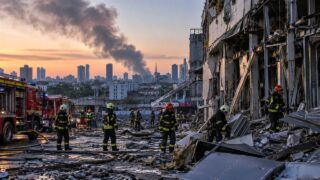 Strażacy pracujący przy uszkodzonym budynku po pożarze