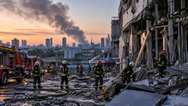 Strażacy pracujący przy uszkodzonym budynku po pożarze